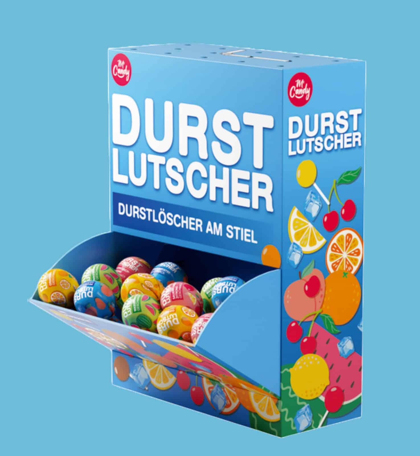 durstlutscher Die Durstlutscher gibt's zu 100 Stück als Thekenaufsteller im markanten Durstlöscher-Trinkkarton-Design mit praktischer Schütte.