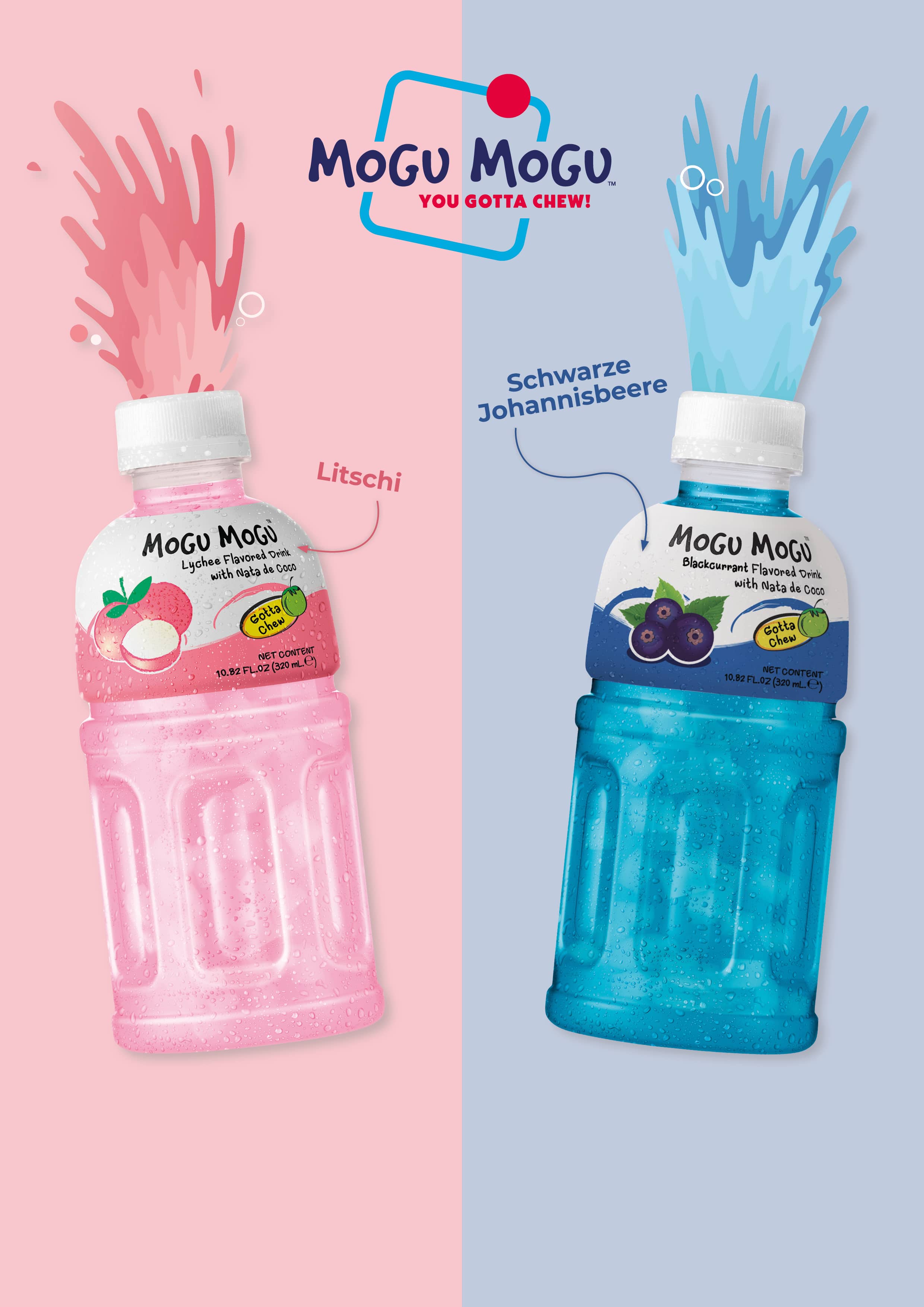 lekkerland_mogumogu_image_withtext_2023 Mogu Mogu gibt es in den Sorten Litschi und Schwarze Johannisbeere zu kaufen.