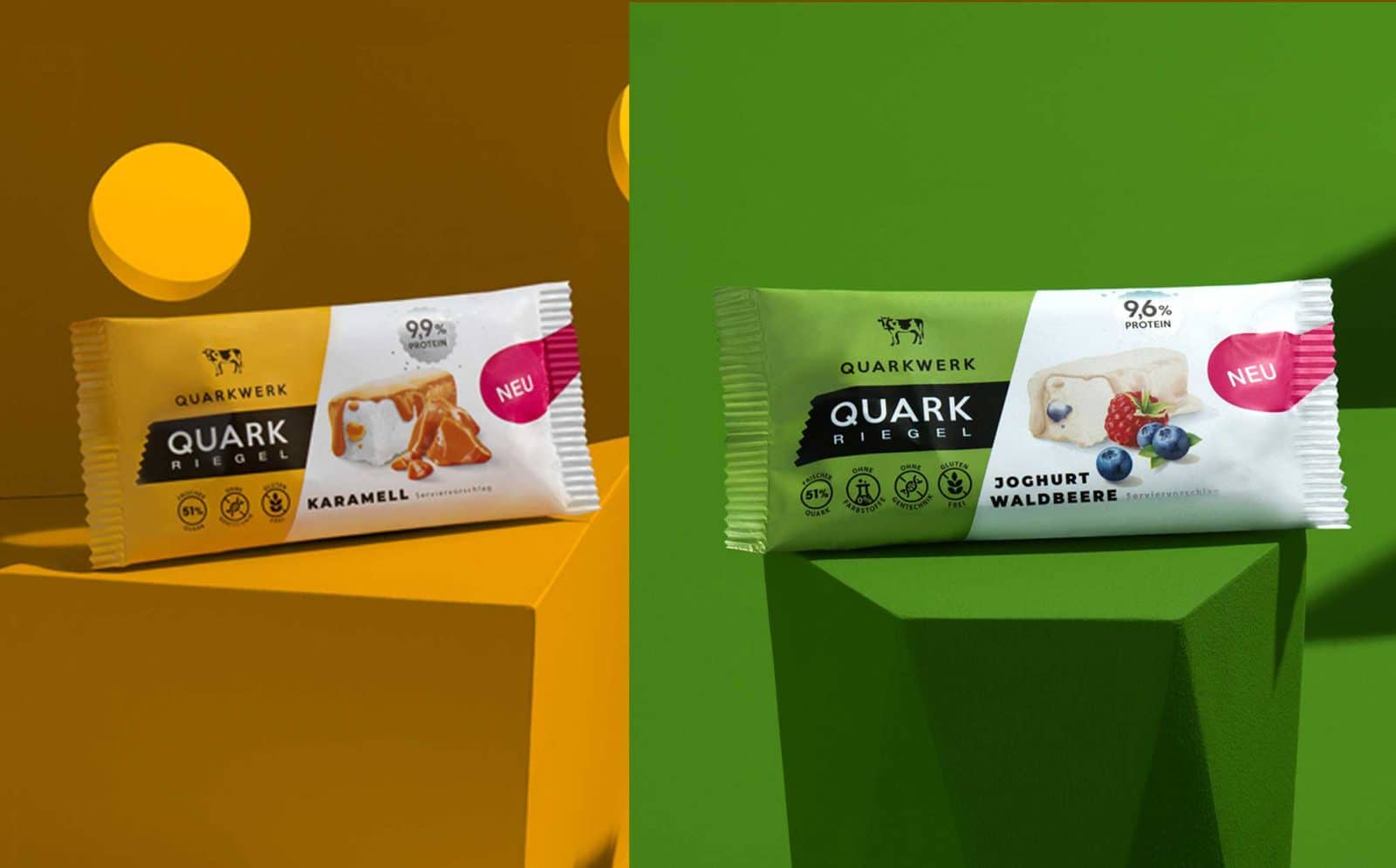 Quarkwerk Riegel in den Sorten Karamell und Joghurt Waldbeere